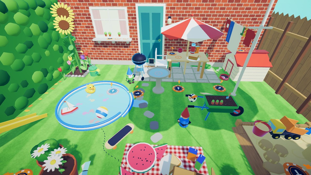 The Backyard map: a paddling pool, a picnic blanket, a doghouse and garden gnomes