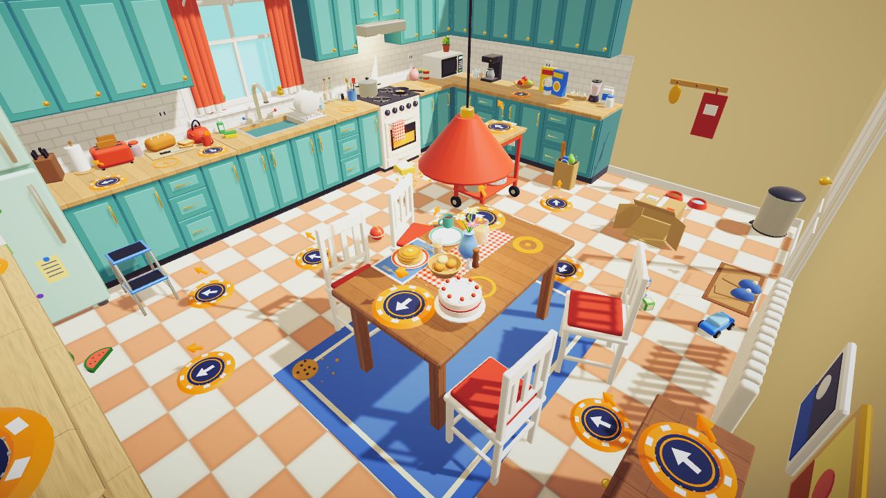 The Kitchen map: teal cabinets, a checkered floor and a table laid for breakfast
